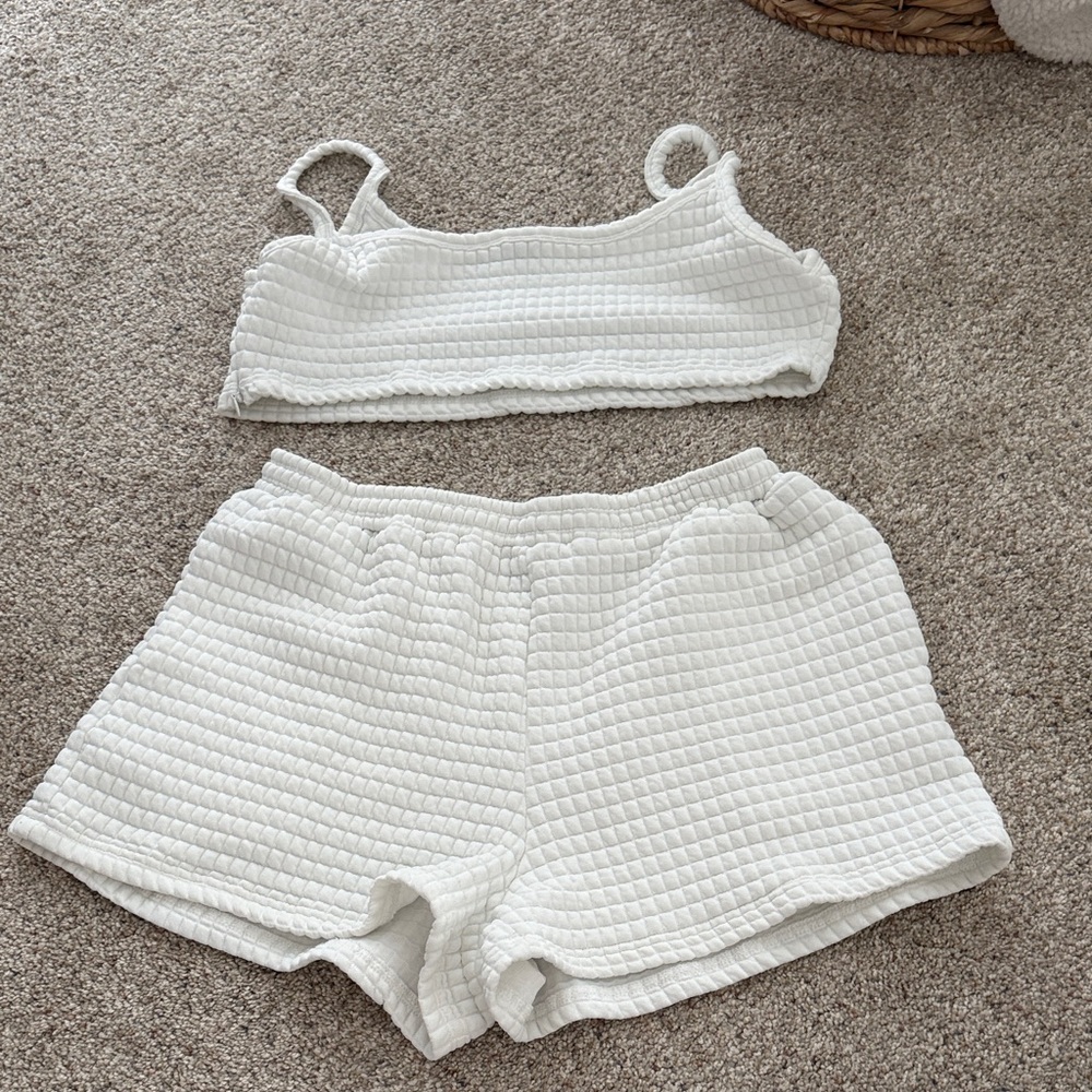 SHEIN White Waffle-Knit Bralette & Shorts Set